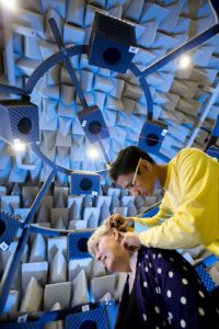 PHD student Baljeet Rana with a patient in the Anechoic Chamber at the Hearing Hub.