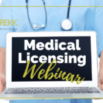 medical licensing webinar written on laptop held by doctor