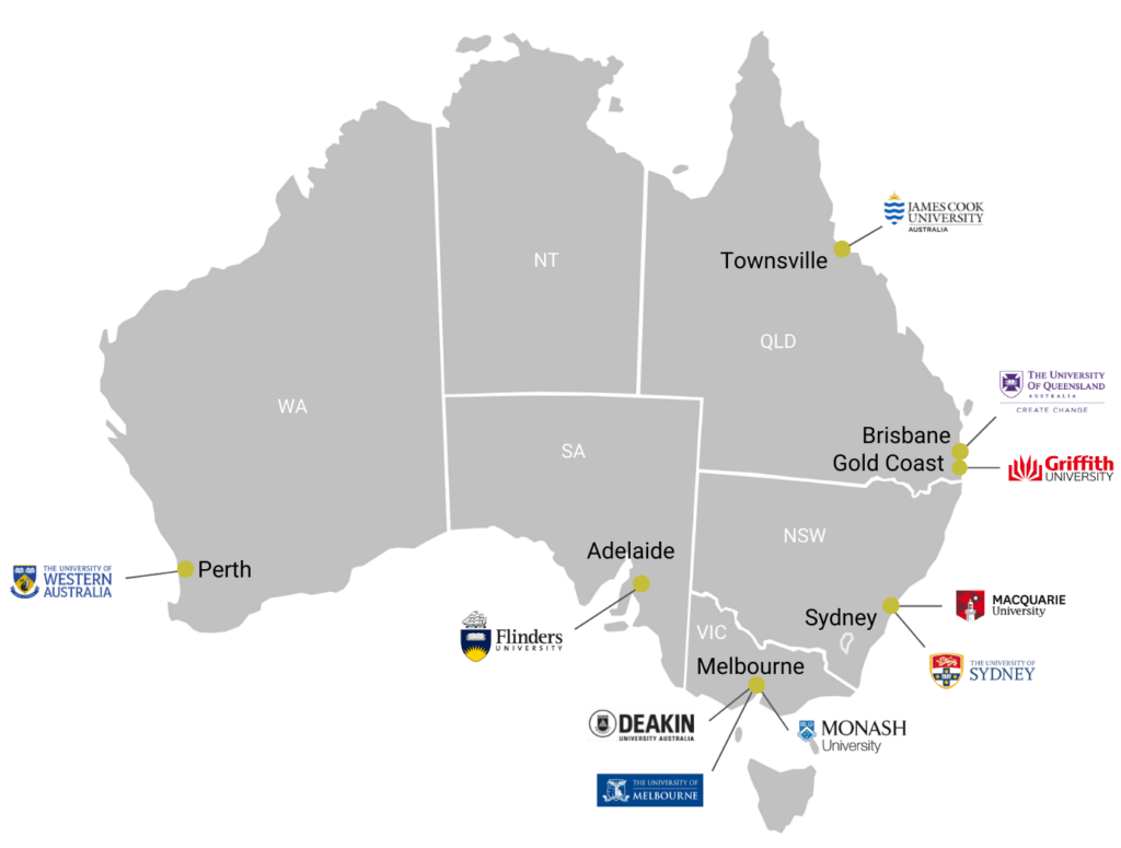 map of Australia with university logos