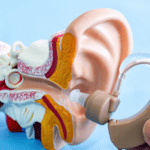 Plastic model showing ear canal and hearing aid for audiology students